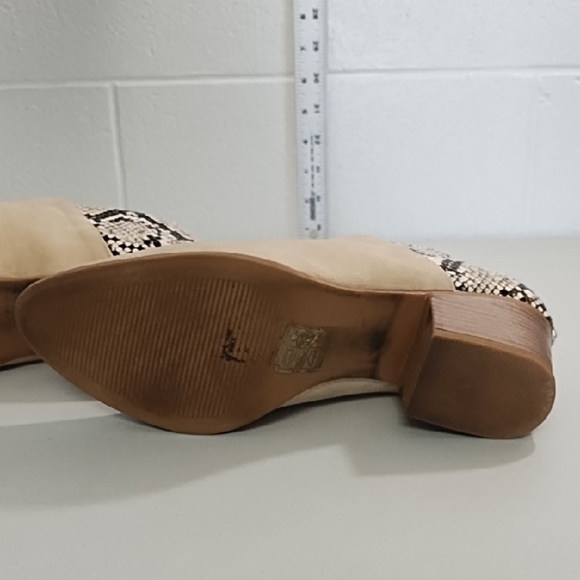 Creamy Tan and Black Mules with Snake Print Accents Zip Back 2" Heel Shoes - Picture 8 of 13